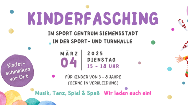 Bunt gestaltetes Plakat für einen Kinderfasching mit Informationen zu Ort, Datum und Programm, einschließlich Clown-Illustration.
