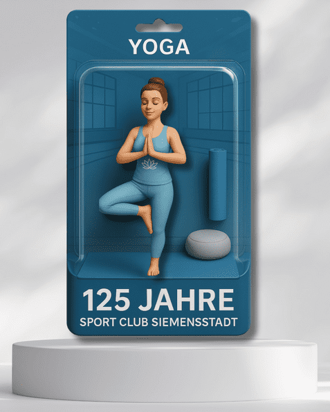 Figur einer sportlichen Frau in Yoga-Pose mit geschlossenen Augen, umgeben von Yoga-Ausrüstung auf einer blauen Unterlage.