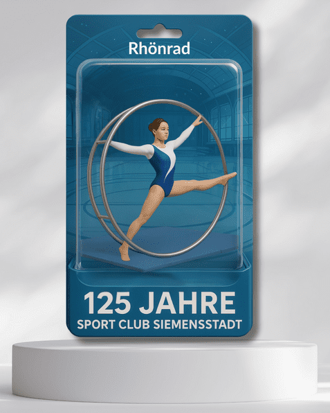 Grafik einer Rhönradturnerin in blauer Kleidung, die in einem Rhönrad auf einem blauem Untergrund balanciert.