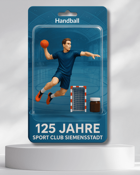 Figur eines Handballspielers im Sprung, orange Ball, vor einem Tor und einer kleinen Flasche, auf blauer Verpackung.