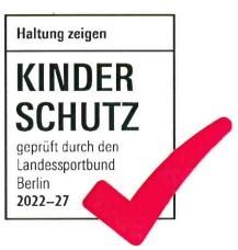 Logo für Kinderschutz mit Prüfsiegel des Landessportbunds Berlin, Jahr 2022-27 und rotem Häkchen.