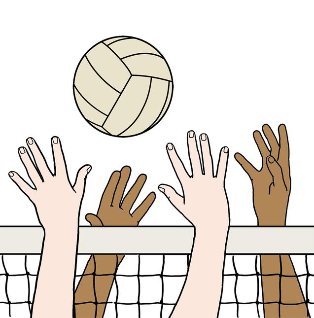 Hände strecken sich nach einem Volleyball über einem Netz in einem minimalistischen Zeichnungsstil.