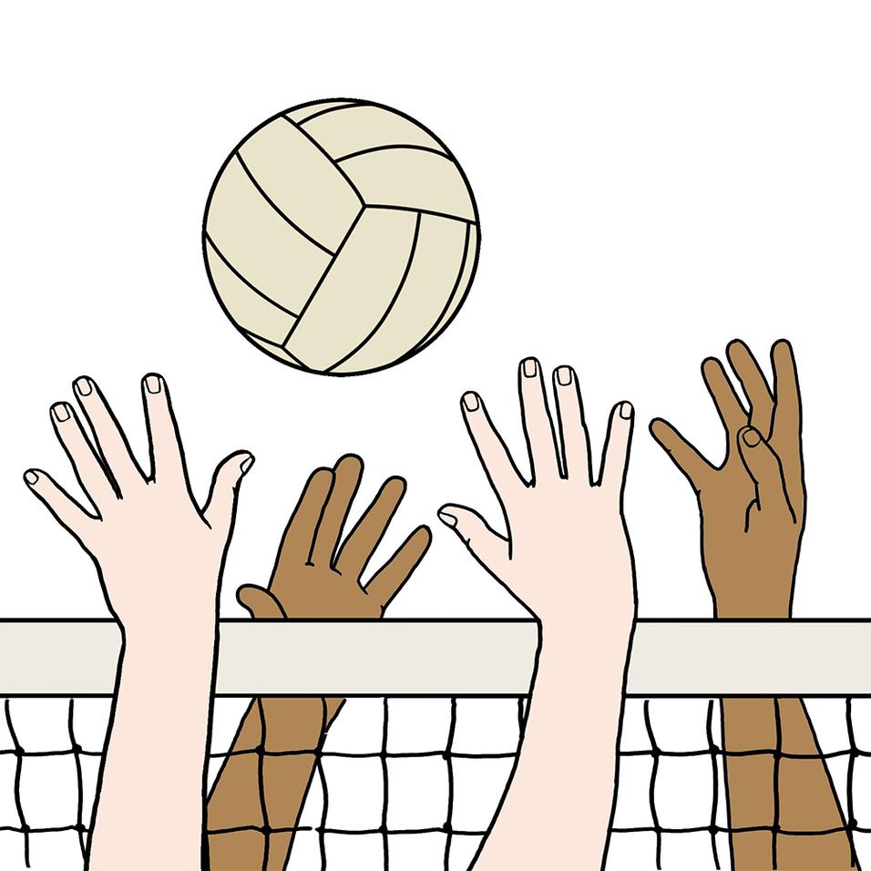 Hände strecken sich nach einem Volleyball über einem Netz in einem minimalistischen Zeichnungsstil.