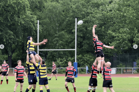 Rugby-Spieler in gelb-blauen Trikots heben einen Teamkollegen, w&auml;hrend ein Spieler in schwarz-rot gestreiftem Trikot springt.
