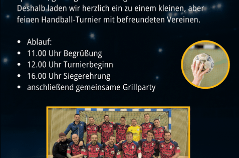 Plakat zum Handball-Turnier anlässlich des 125-jährigen Jubiläums des SCS mit Programm und Teamfoto.