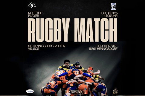 Plakat f&uuml;r ein Rugbyspiel zwischen SG Hennigsdorf/Velten und SCS am 30.03.25 in Hennigsdorf.