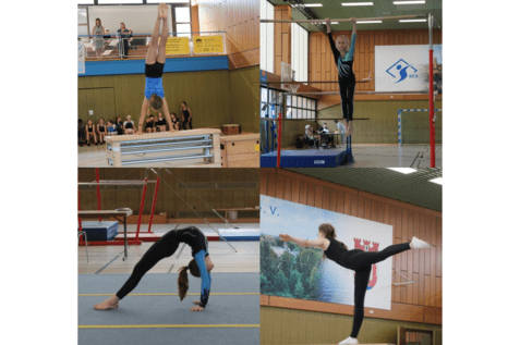 Vier gymnastische &Uuml;bungen: Handstand, Stangen&uuml;bung, Br&uuml;cke und Balanceakt auf dem Boden, umgeben von Zuschauern.