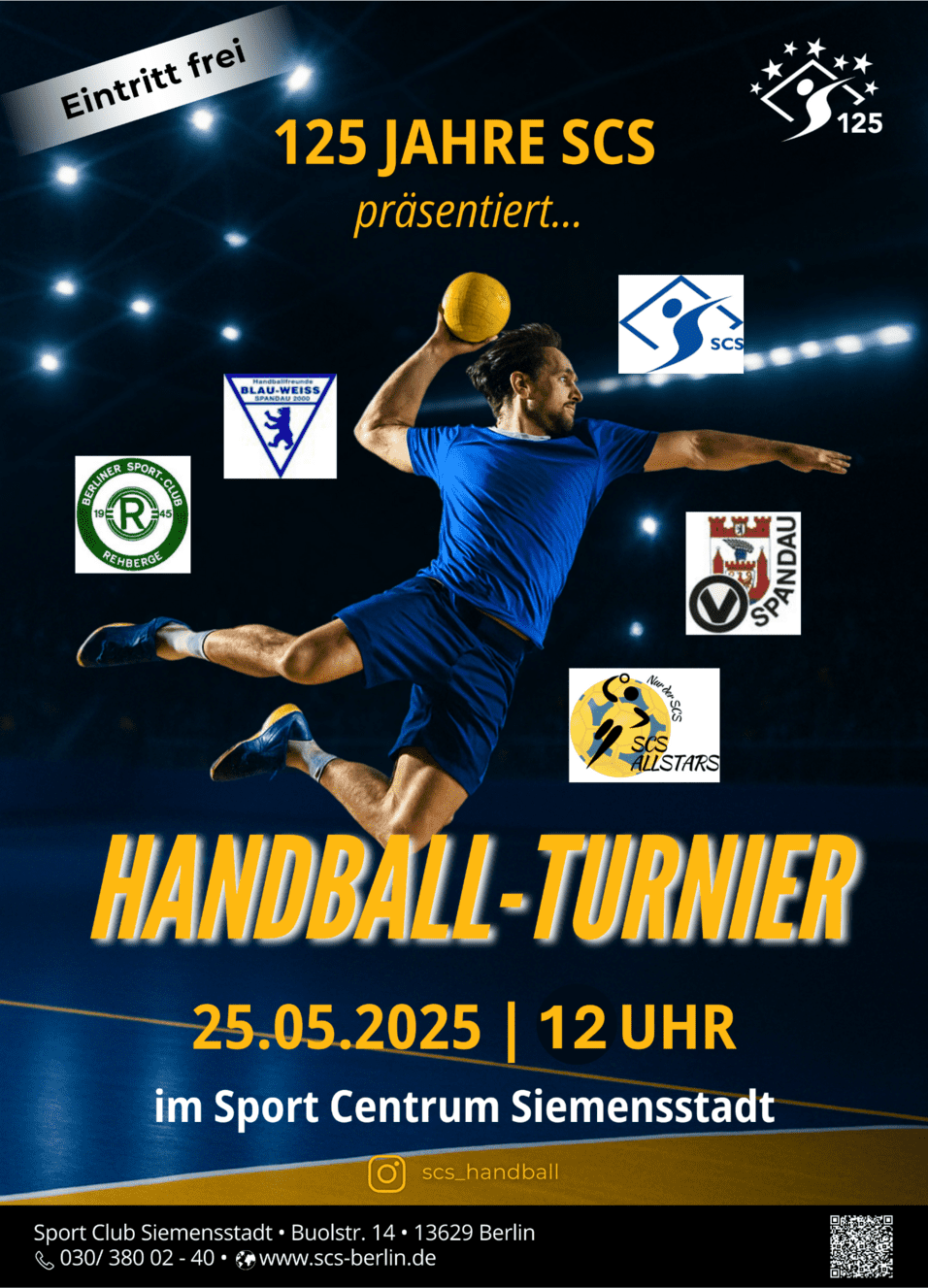 Spieler mit Ball wirft im Handballturnier, mit Vereinslogos und Informationen zum Event im Hintergrund.