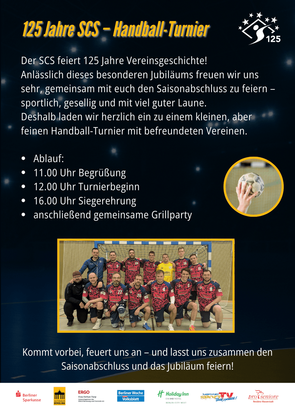 Plakat zum Handball-Turnier anlässlich des 125-jährigen Jubiläums des SCS mit Programm und Teamfoto.