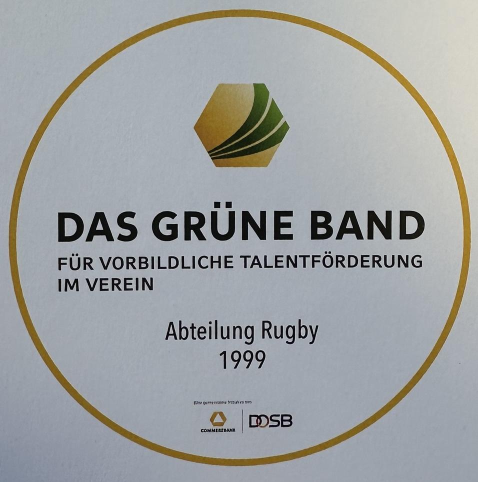 Zertifikat „Das Grüne Band“ für vorbildliche Talentförderung im Rugbyverein, ausgestellt 1999.