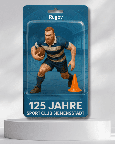 Ein Rugby-Spieler in blauer und weißer Streifenuniform läuft mit einem Ball und einem Hütchen auf einem Podest.