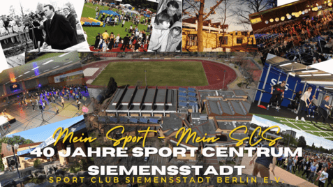 Collage zum 40-jährigen Jubiläum des Sport Centrums Siemensstadt mit Sportaktivitäten und historischen Momenten.