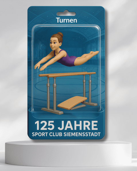 Grafik einer Turnerin, die in einer Sprungbewegung über einen Barren mit der Aufschrift „125 Jahre Sport Club Siemensstadt“.