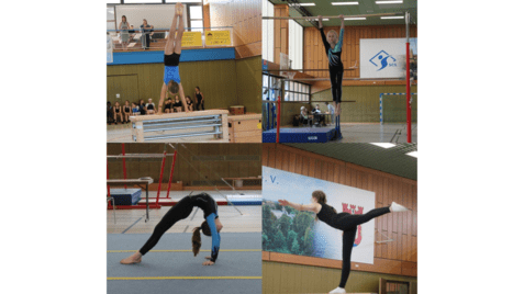 Vier gymnastische Übungen: Handstand, Stangenübung, Brücke und Balanceakt auf dem Boden, umgeben von Zuschauern.