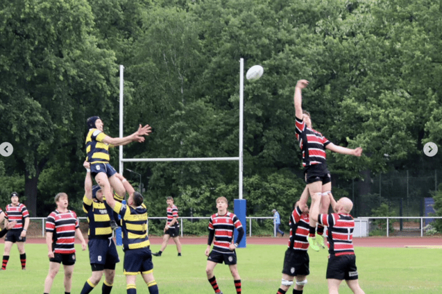 Rugby-Spieler in gelb-blauen Trikots heben einen Teamkollegen, während ein Spieler in schwarz-rot gestreiftem Trikot springt.