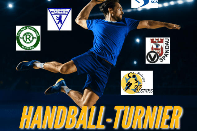 Spieler mit Ball wirft im Handballturnier, mit Vereinslogos und Informationen zum Event im Hintergrund.