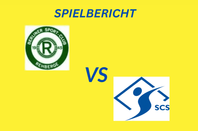 Spielbericht mit den Logos von Berliner Sport-Club Rehberge und SCS auf gelbem Hintergrund.