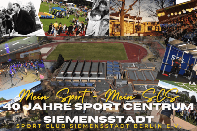 Collage zum 40-j&auml;hrigen Jubil&auml;um des Sport Centrums Siemensstadt mit Sportaktivit&auml;ten und historischen Momenten.