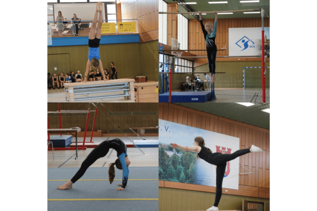 Vier gymnastische Übungen: Handstand, Stangenübung, Brücke und Balanceakt auf dem Boden, umgeben von Zuschauern.