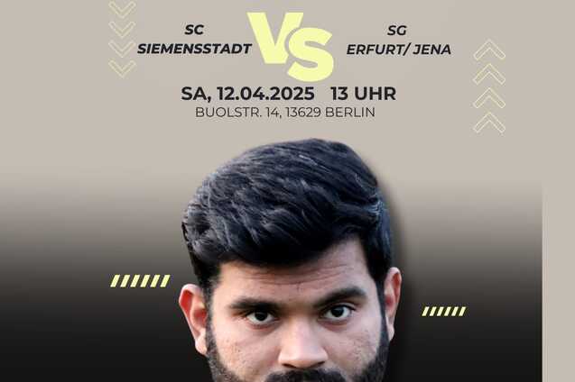 Plakat zum Rugbyspiel SC Siemensstadt vs. SG Erfurt/Jena am 12.04.2025, mit einem Spieler im Teamtrikot.