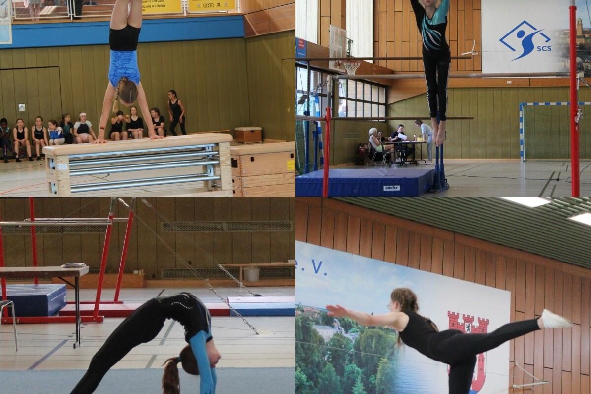 Viertelansicht von vier gymnastischen &Uuml;bungen in einer Turnhalle: Handstand, Stangen&uuml;bung, Br&uuml;cke, und Balanceakt.