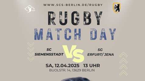 Plakat zum Rugbyspiel SC Siemensstadt vs. SG Erfurt/Jena am 12.04.2025, mit einem Spieler im Teamtrikot.
