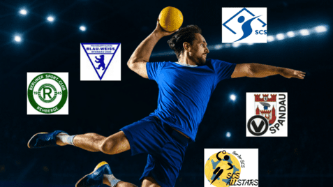 Spieler mit Ball wirft im Handballturnier, mit Vereinslogos und Informationen zum Event im Hintergrund.