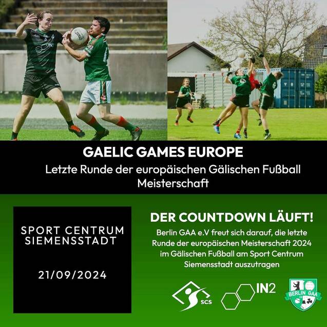 Zwei Szenen von Spielern in Gälischem Fußball, die einen Ball auf einem Spielfeld im Sport Centrum Siemensstadt spielen.