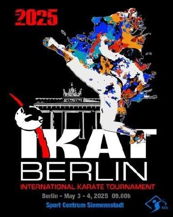 Plakat für das Internationale Karate-Turnier 2025 in Berlin mit auffälligem Design und Kampfsportmotiv.