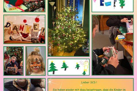Collage mit weihnachtlicher Dekoration, Geschenken, Kindern mit Dankesplakat und einem festlich geschm&uuml;ckten Baum.