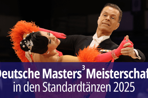 Gut gekleidete Menschen in Tanzposition mit Aufschrift zur Deutsche Masters Meisterschaft