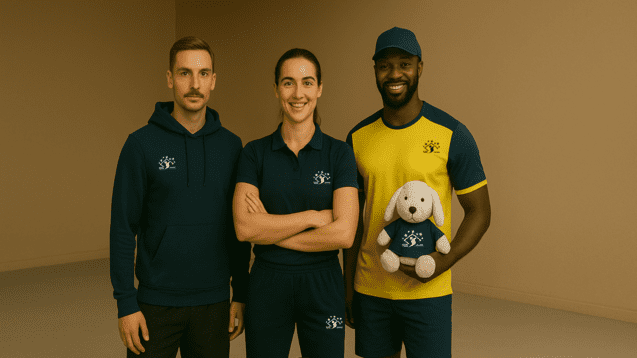 Drei Personen stehen vor einem beigen Hintergrund, eine hält ein Stofftier, alle tragen sportliche Kleidung mit Logo.