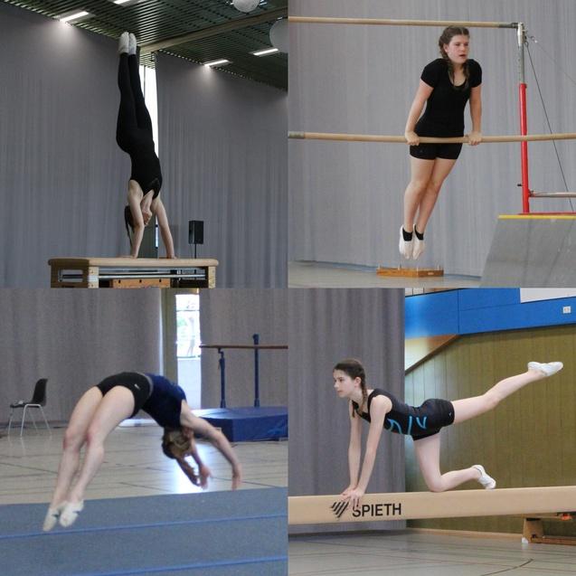 Vier verschiedene &Uuml;bungen von Turnerinnen: Handstand am Tisch, Dips an den Ringen, Bodenturnen und Balancieren am Schwebebalken.