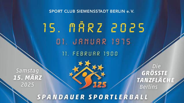 Plakat für den Spandauer Sportlerball 2025 mit dem Titel "Tanz in die Zukunft" und Informationen zur Veranstaltung.