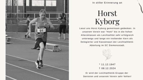 Läufer mit Startnummer 91 sprintet auf einer Leichtathletikbahn, im Hintergrund andere Athleten und Sporteinrichtungen.