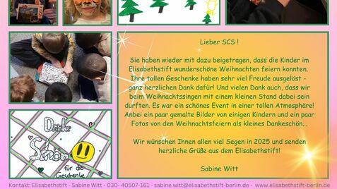 Collage mit weihnachtlicher Dekoration, Geschenken, Kindern mit Dankesplakat und einem festlich geschmückten Baum.