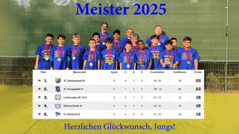 Gruppe junger Spieler mit Medaillen in blauen T-Shirts, stehend vor einer Tabelle mit Platzierungen und Ergebnissen.