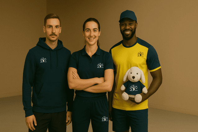 Drei Personen stehen vor einem beigen Hintergrund, eine h&auml;lt ein Stofftier, alle tragen sportliche Kleidung mit Logo.