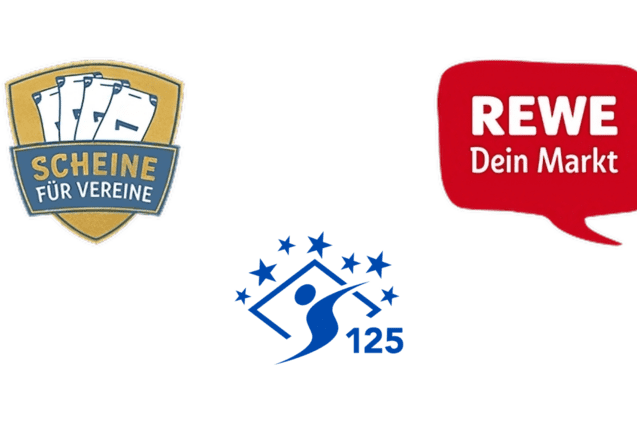 Drei Logos: "Scheine f&uuml;r Vereine", "REWE Dein Markt" und ein blaues Logo mit der Zahl 125 und einer stilisierten Person.