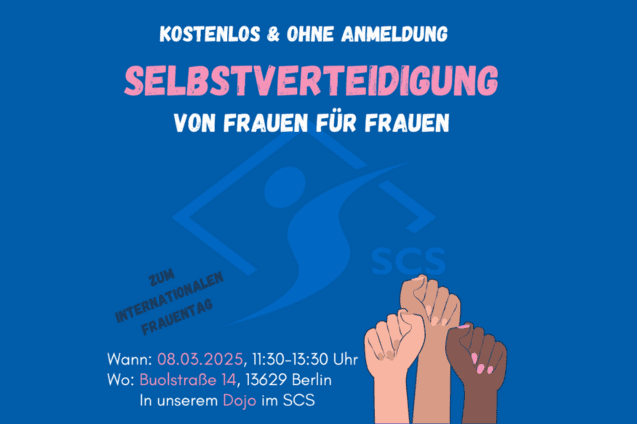 Veranstaltungsank&uuml;ndigung f&uuml;r einen Selbstverteidigungskurs von Frauen f&uuml;r Frauen am Internationalen Frauentag.