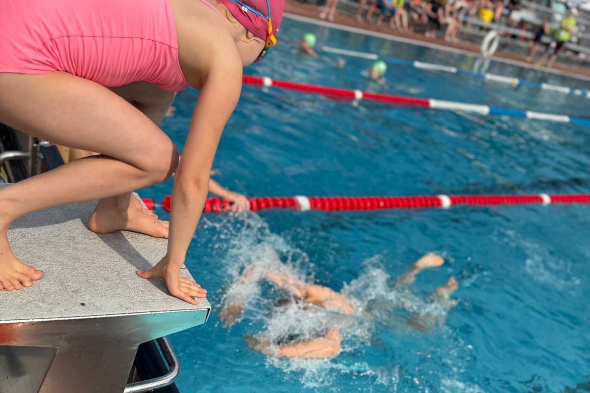 Ein M&auml;dchen in einem pinken Badeanzug springt vom Startblock ins Schwimmbecken, w&auml;hrend andere schwimmen.