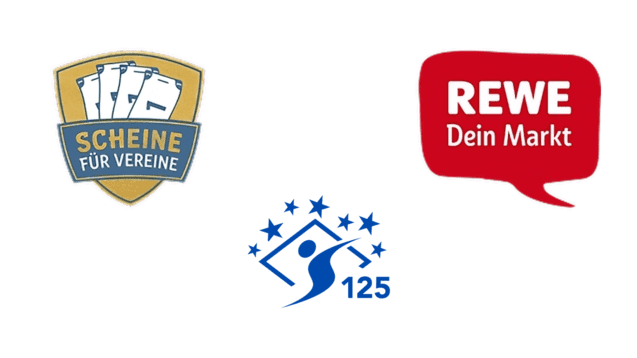 Drei Logos: "Scheine für Vereine", "REWE Dein Markt" und ein blaues Logo mit der Zahl 125 und einer stilisierten Person.