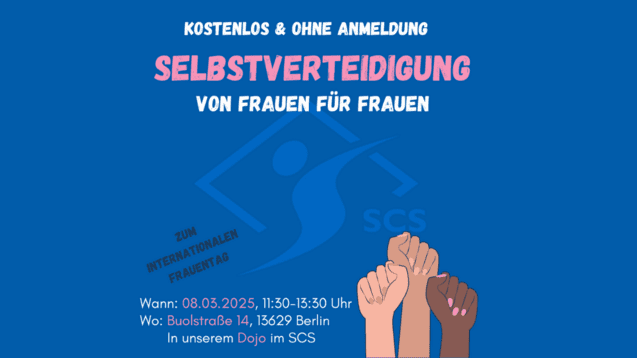 Veranstaltungsankündigung für einen Selbstverteidigungskurs von Frauen für Frauen am Internationalen Frauentag.