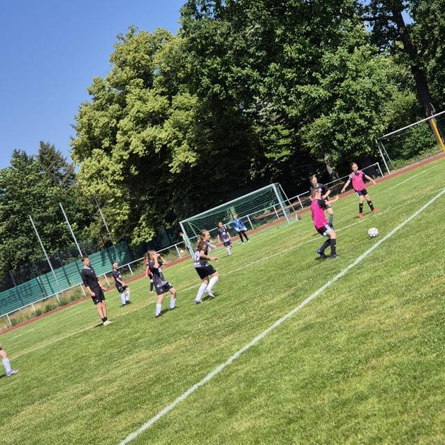 M&auml;dchen beim Fu&szlig;balltraining auf einem gr&uuml;nen Platz, umgeben von B&auml;umen und einem klaren Himmel.