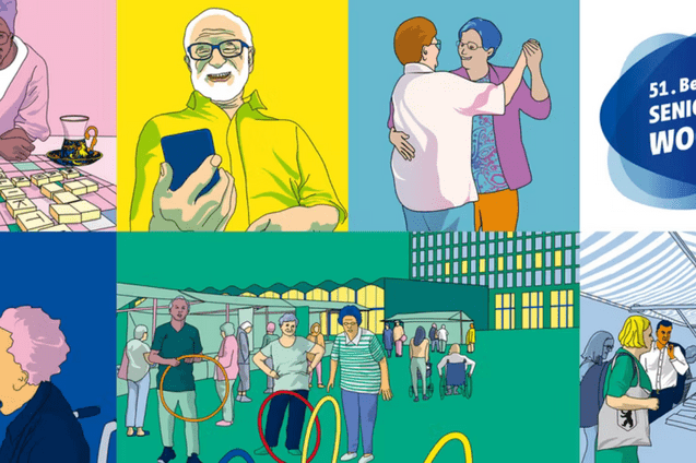 Collage mit Senioren, die Spiele spielen, tanzen und an einer Veranstaltung im Freien teilnehmen, begleitet von einem Logo der Seniorenwoche.