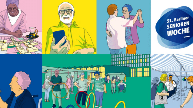 Collage mit Senioren, die Spiele spielen, tanzen und an einer Veranstaltung im Freien teilnehmen, begleitet von einem Logo der Seniorenwoche.