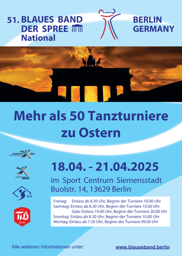 Plakat für das 51. Blaue Band der Spree mit Informationen zu Tanzturnieren in Berlin vom 18. bis 21. April 2025.