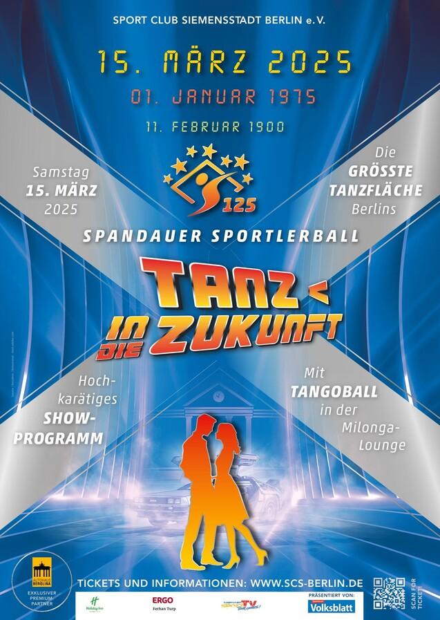Plakat für den Spandauer Sportlerball am 15. März 2025 mit Informationen zu Programm und Veranstaltungsdetails.