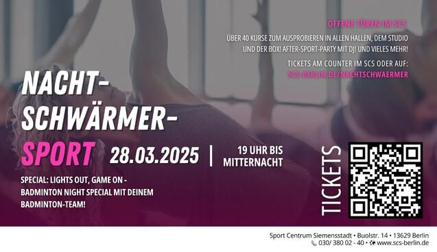 Buntes Event-Plakat für "Nachtschwärmer-Sport" mit Informationen zu Kursen, Badminton und Tickets im Sport Centrum Siemensstadt.