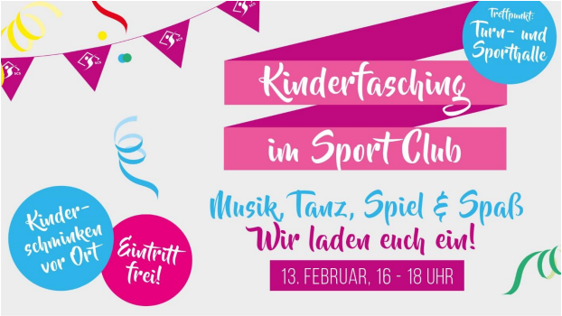 Buntes Plakat für Kinderfasching im Sport Club mit Informationen zu Musik, Tanz, Spiel und freiem Eintritt.
